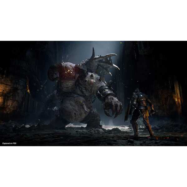 Massive monster fighting hero in dark, ruined cityscape.