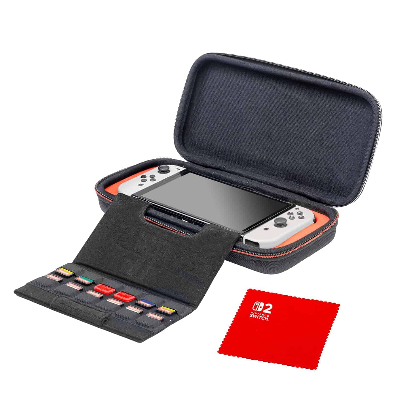 Portable Nintendo Switch storage case with game card organizer and red cleaning cloth.
