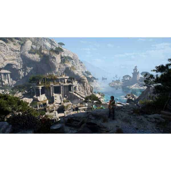 Ancient coastal ruins with mountains and ships in the background.