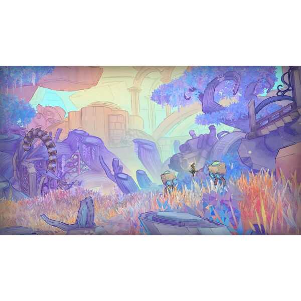 An alien landscape with futuristic structures and vibrant flora, inspired by MIO: Memories In Orbit.