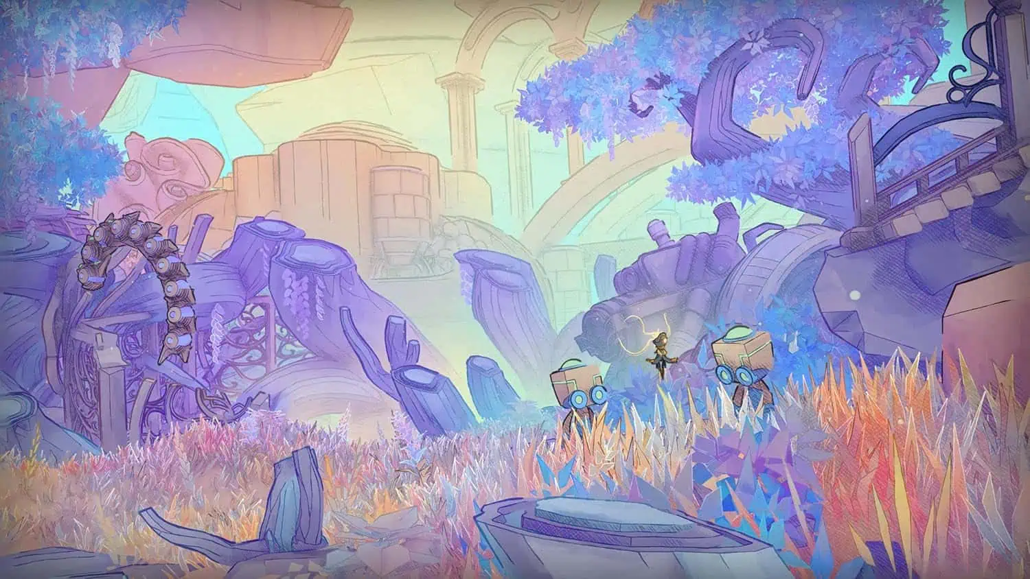 An alien landscape with futuristic structures and vibrant flora, inspired by MIO: Memories In Orbit.