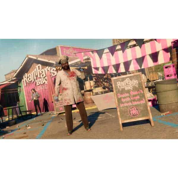 BBQ food stall at a fairground, featuring a man in a chef's outfit holding a spatula, with colorful.