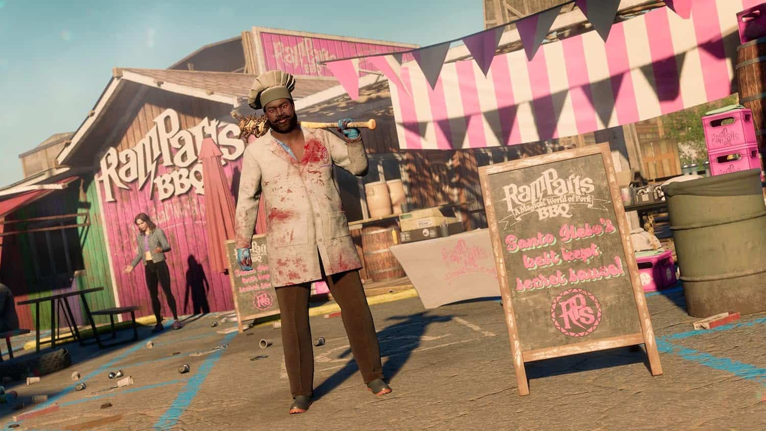 BBQ food stall at a fairground, featuring a man in a chef's outfit holding a spatula, with colorful.