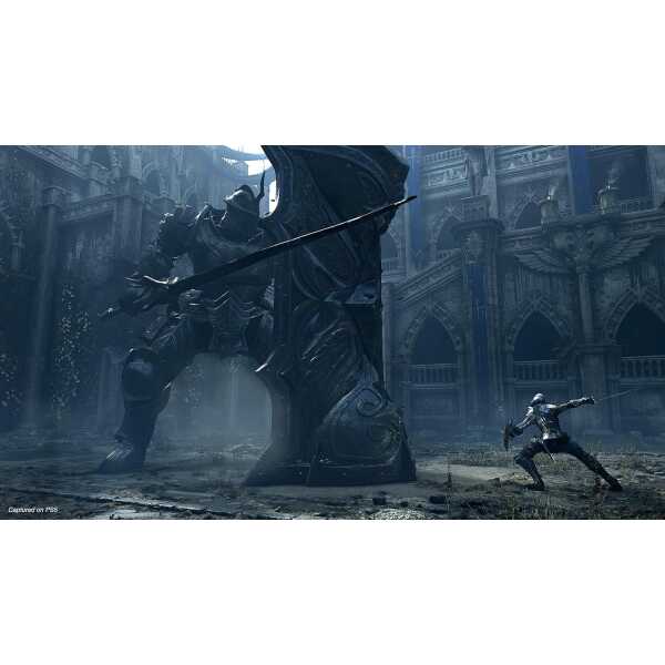 Epic fantasy battle with armored knight and giant statue in dark castle setting.