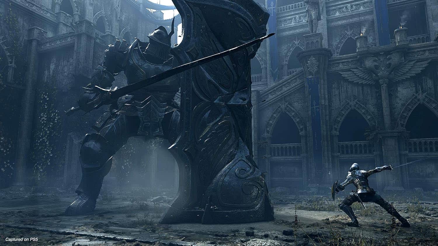 Epic fantasy battle with armored knight and giant statue in dark castle setting.