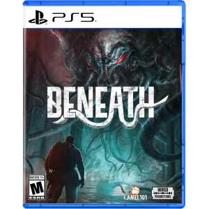 Beneath PS5 game cover featuring a dark, monstrous creature and a lone figure in a mysterious enviro.