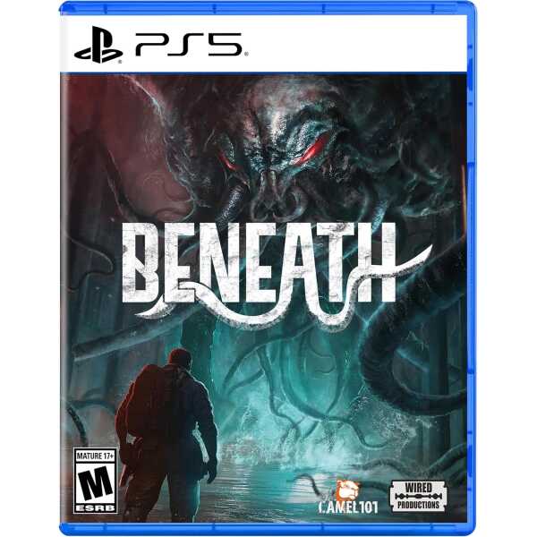 Beneath PS5 game cover featuring a dark, monstrous creature and a lone figure in a mysterious enviro.