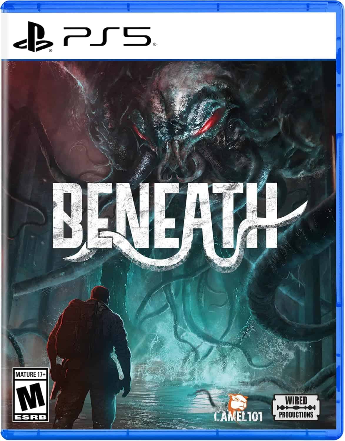 Beneath PS5 game cover featuring a dark, monstrous creature and a lone figure in a mysterious enviro.