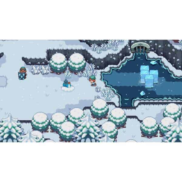 Snowy winter landscape with trees, characters, and icy pond from Gameware.