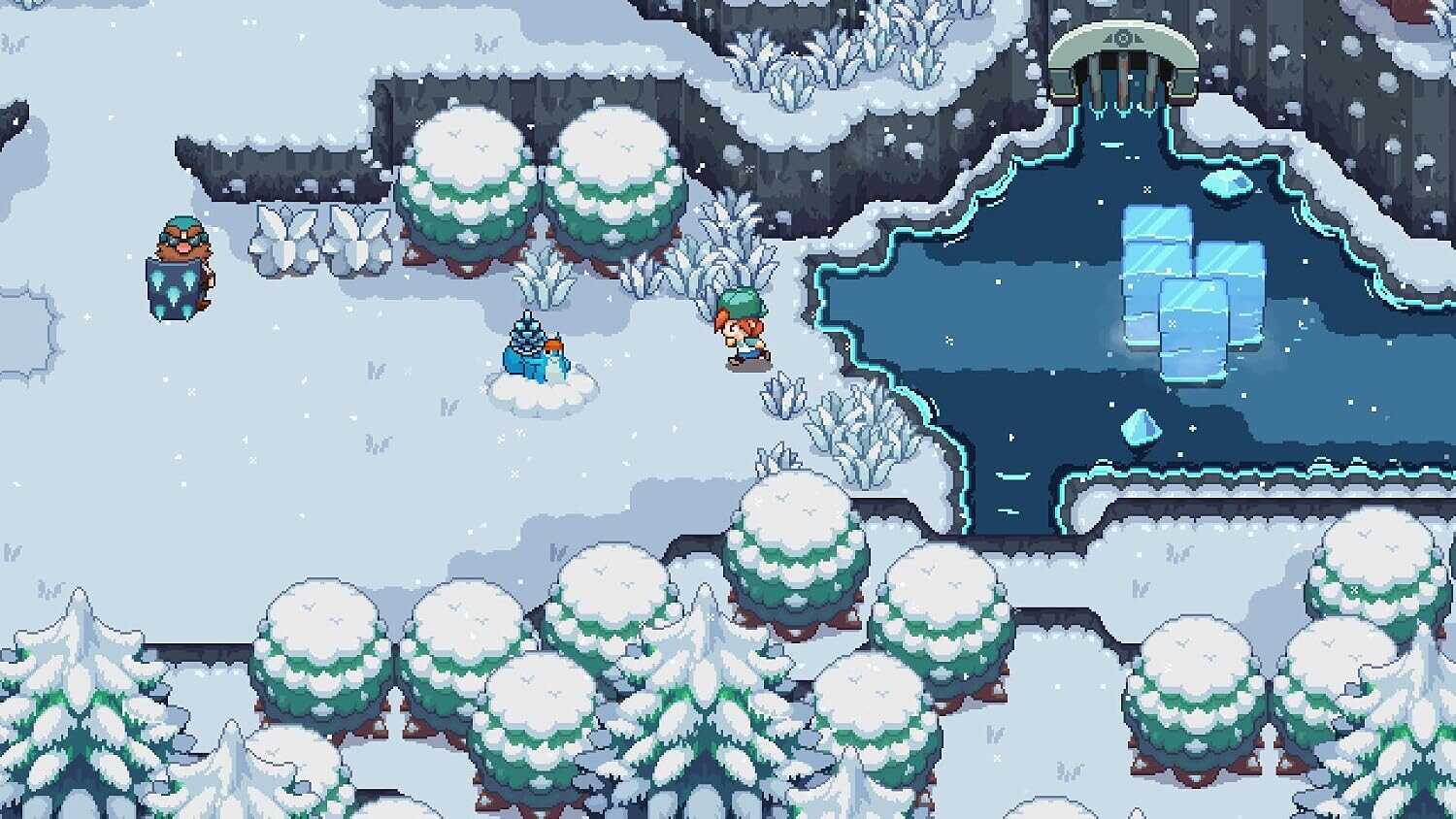 Snowy winter landscape with trees, characters, and icy pond from Gameware.