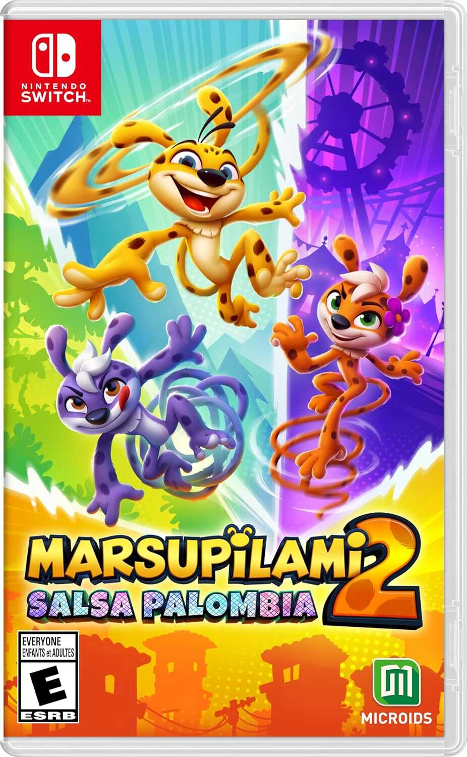 Colorful game cover featuring animated characters from Marsupilami 2: Salsa Palombia for Nintendo.
