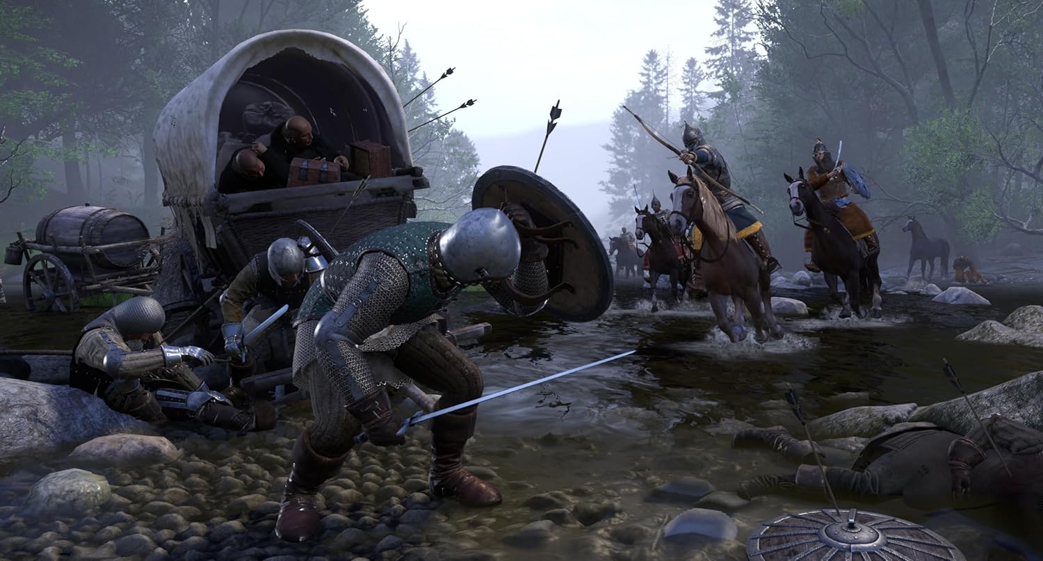 Medieval soldiers fighting in a river during a battle in Kingdom Come: Deliverance Royal Edition.