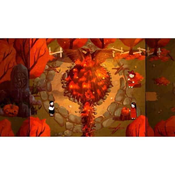 Spooky Halloween scene with children and paper trail in autumn forest.