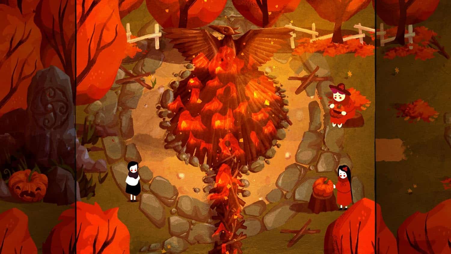 Spooky Halloween scene with children and paper trail in autumn forest.