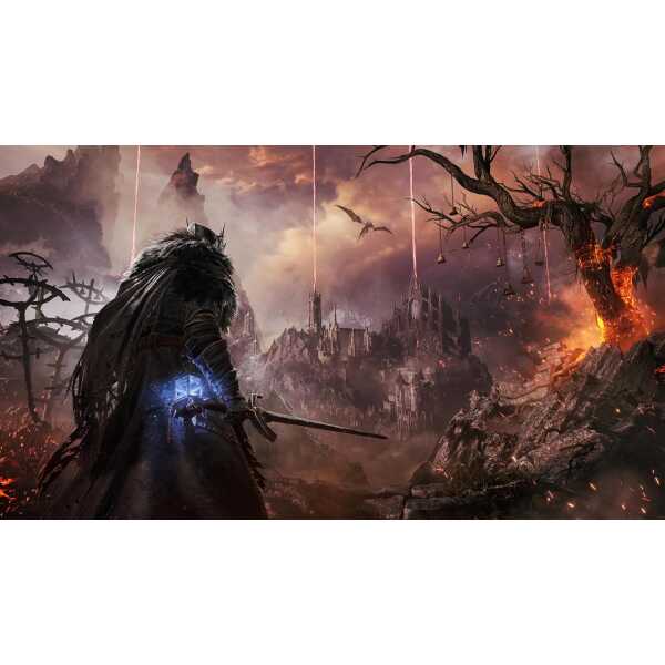 Fantasy warrior wielding sword in dark, fiery landscape with castle and dragons in background.