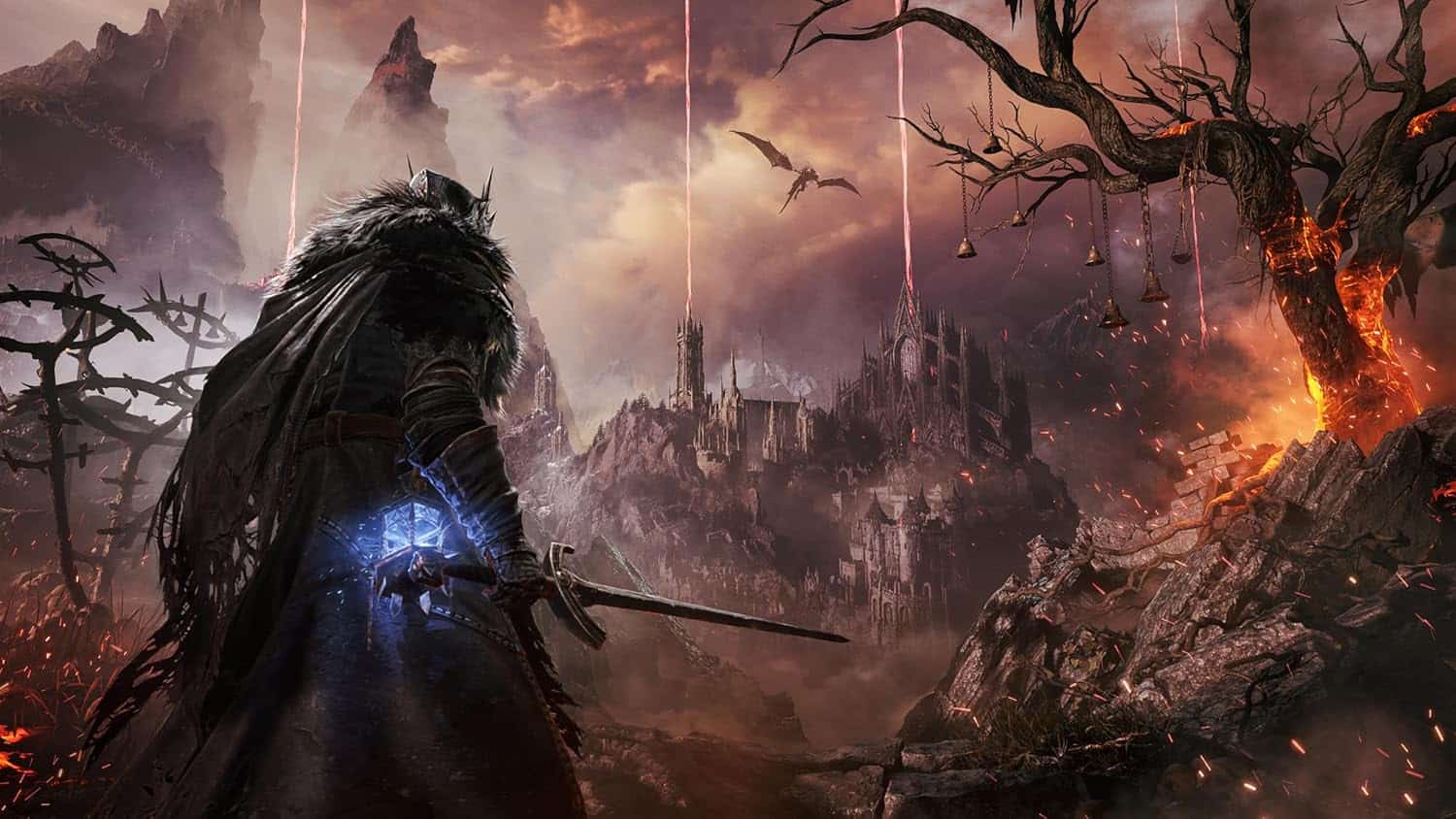 Fantasy warrior wielding sword in dark, fiery landscape with castle and dragons in background.