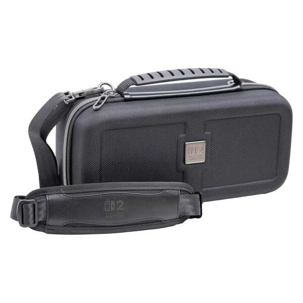 Durable black carrying case for gaming consoles with handle and shoulder strap.