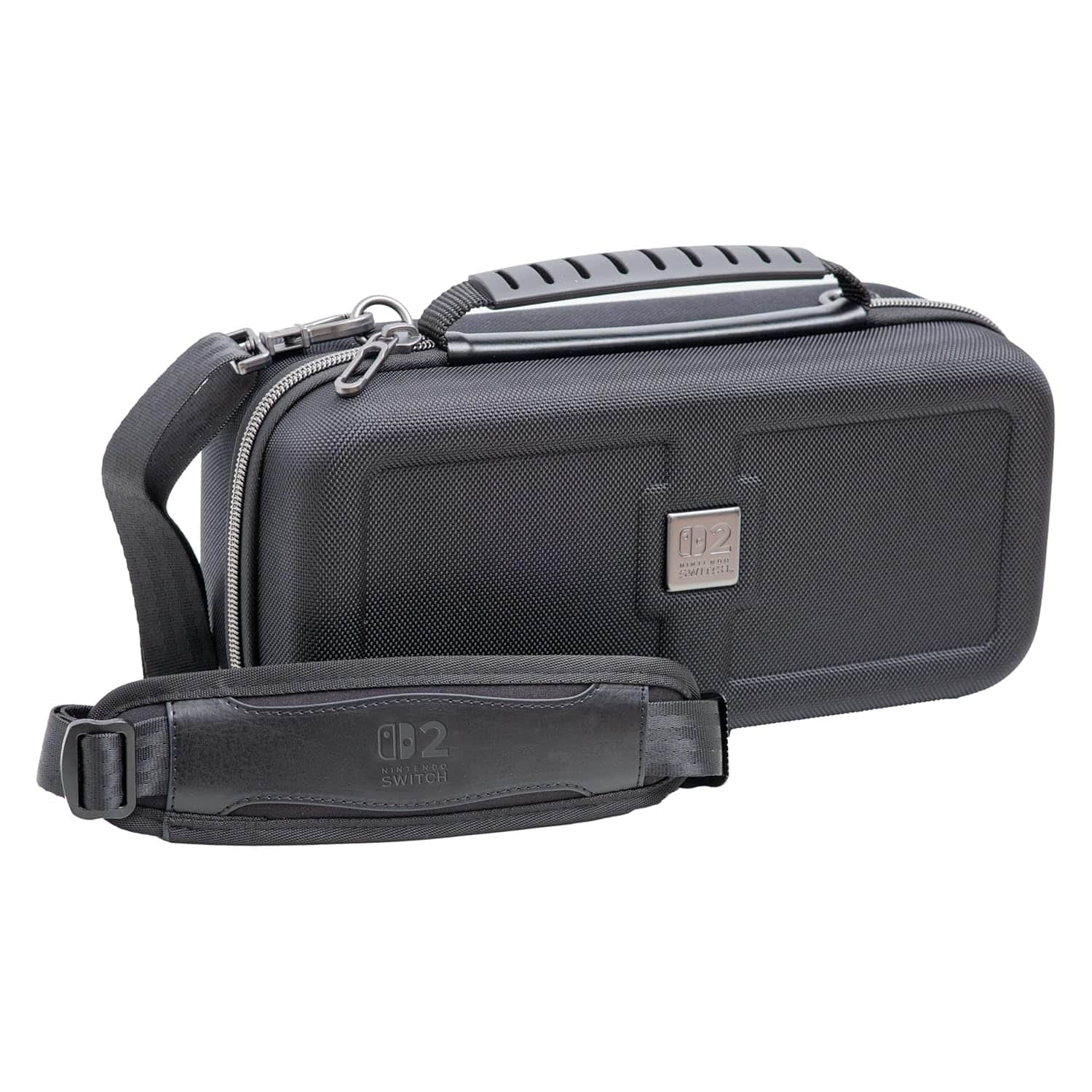 Durable black carrying case for gaming consoles with handle and shoulder strap.