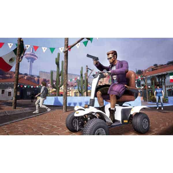 GTA V character riding a mobility scooter in an outdoor amusement park.