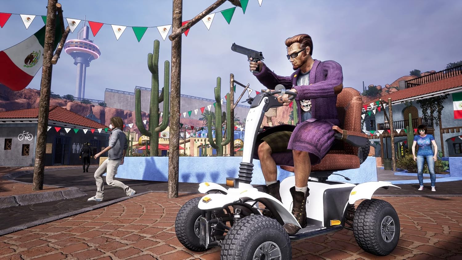 GTA V character riding a mobility scooter in an outdoor amusement park.