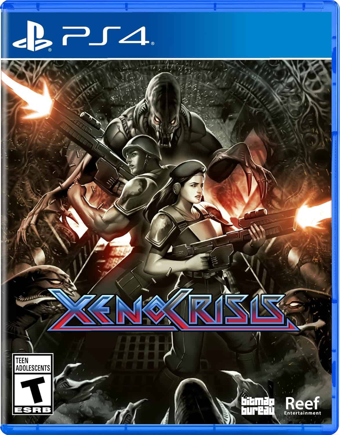 Xenocrisis PS4 game cover with intense sci-fi combat scene.