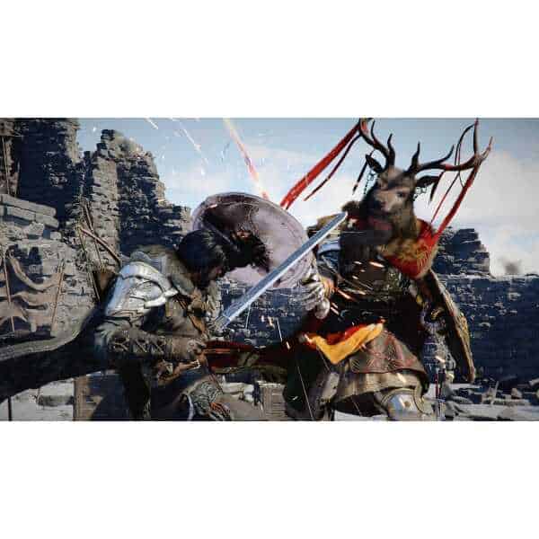 An intense battle between armored warrior and a majestic, horned creature in Crimson Desert Deluxe E.