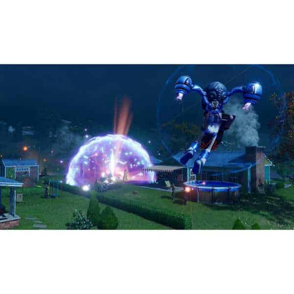 Large robotic alien attacking a suburban neighborhood at night.