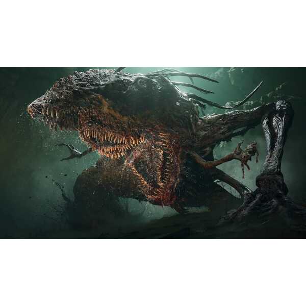 Menacing monster creature with sharp teeth and tentacles in dark environment.