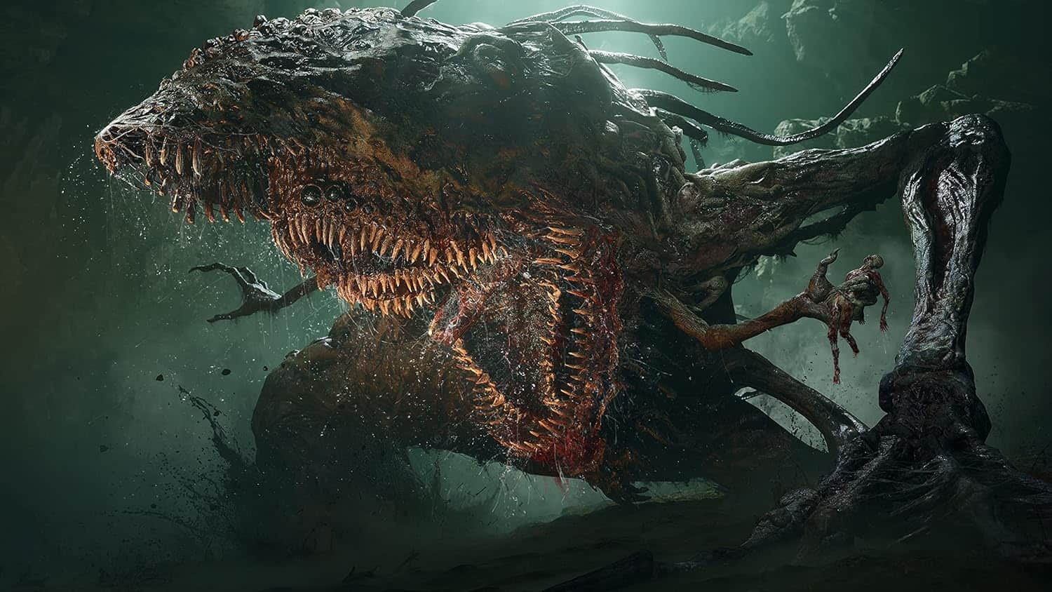 Menacing monster creature with sharp teeth and tentacles in dark environment.