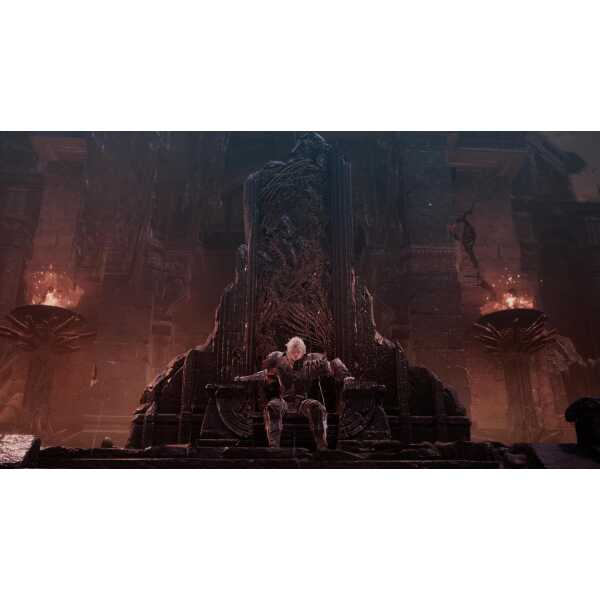 Dark fantasy throne with a warrior sitting on it, fiery background, intense atmosphere.