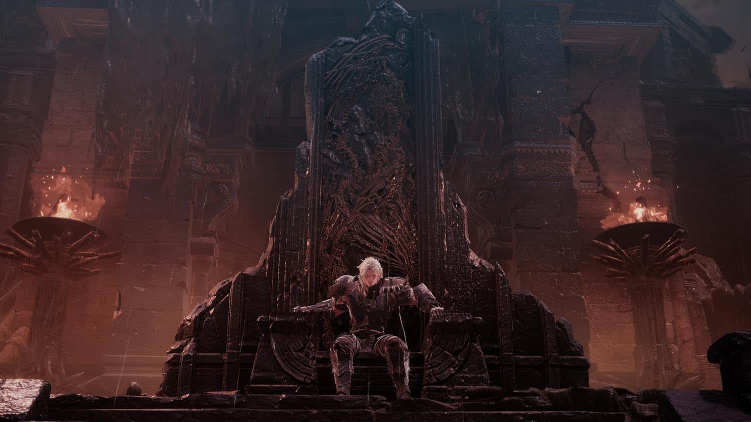 Dark fantasy throne with a warrior sitting on it, fiery background, intense atmosphere.