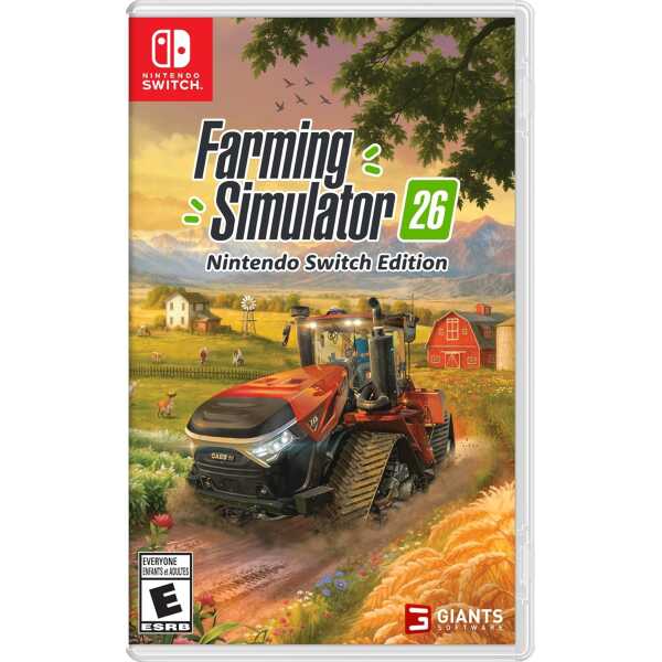 Farming Simulator 26 Nintendo Switch game cover with tractor in a vibrant farm scene.