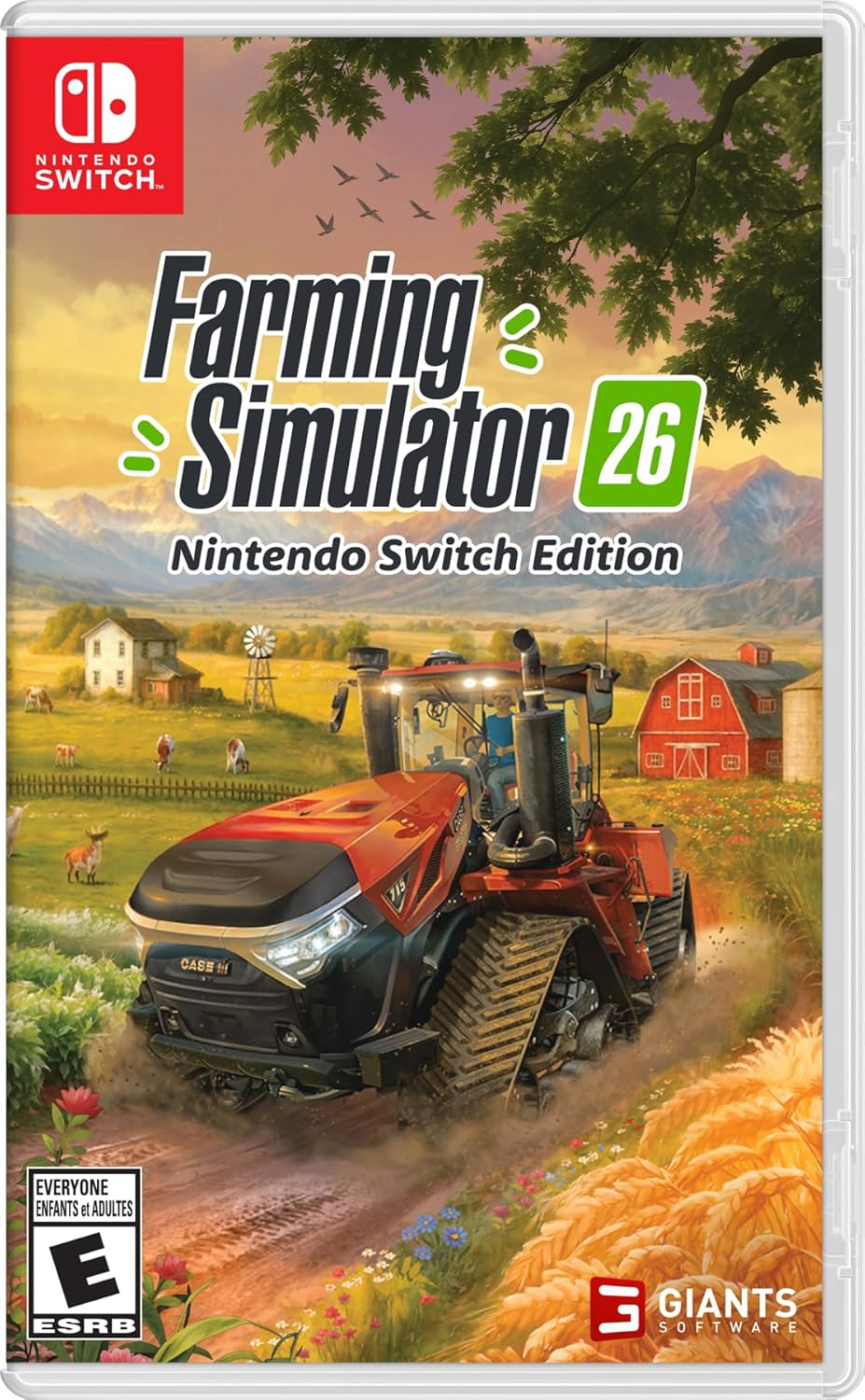 Farming Simulator 26 Nintendo Switch game cover with tractor in a vibrant farm scene.