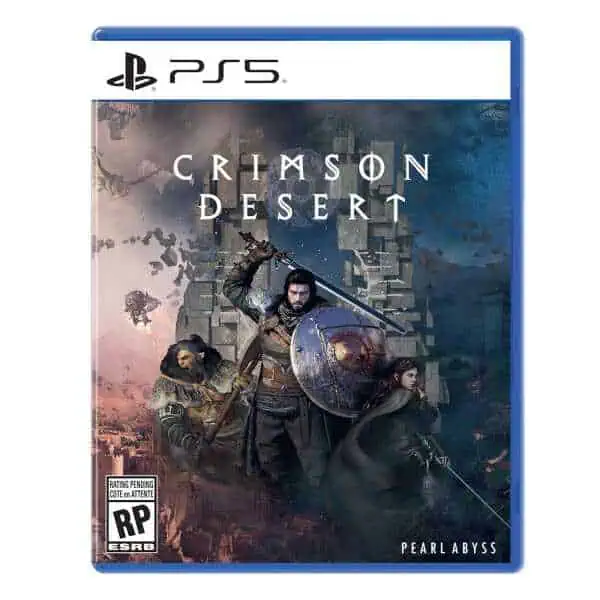 Crimson Desert Deluxe Edition PS5 game cover with warriors and fantasy landscape.