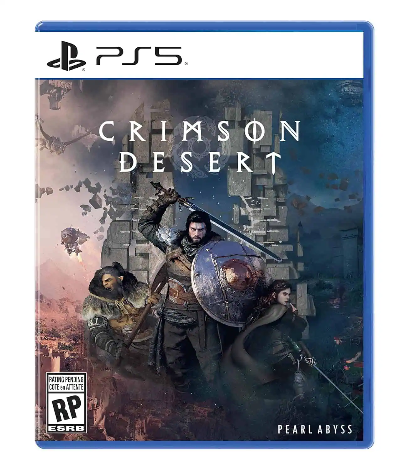 Crimson Desert Deluxe Edition PS5 game cover with warriors and fantasy landscape.
