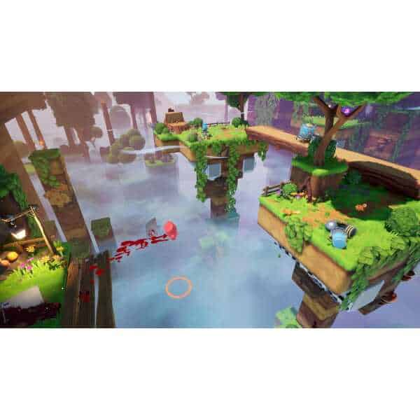 Super Meat Boy 3D character jumping across floating islands in a vibrant, colorful environment.