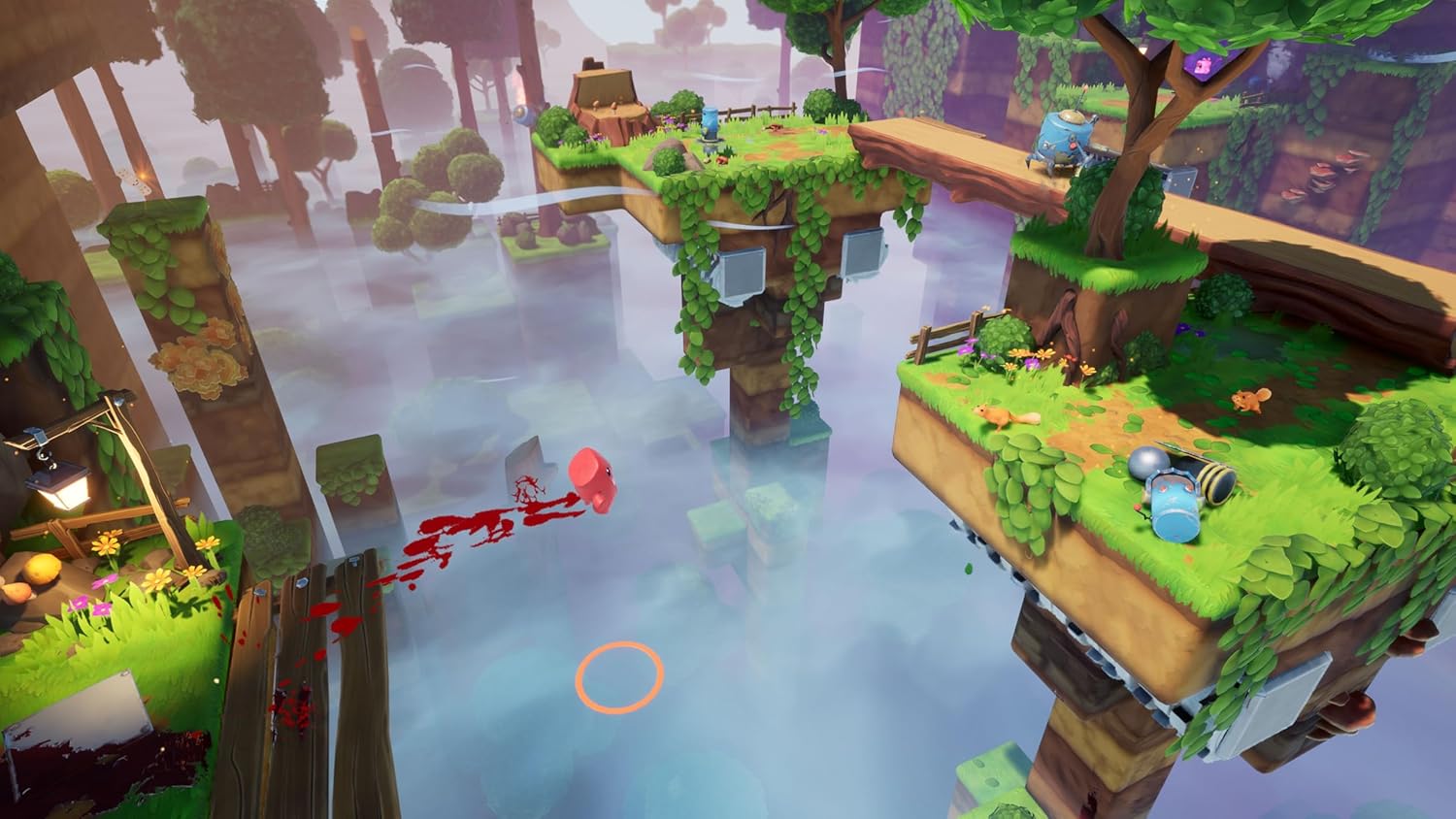 Super Meat Boy 3D character jumping across floating islands in a vibrant, colorful environment.