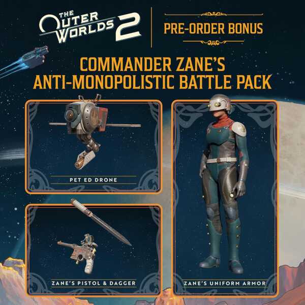 Pre-order bonus for The Outer Worlds 2 featuring Commander Zane's battle pack.