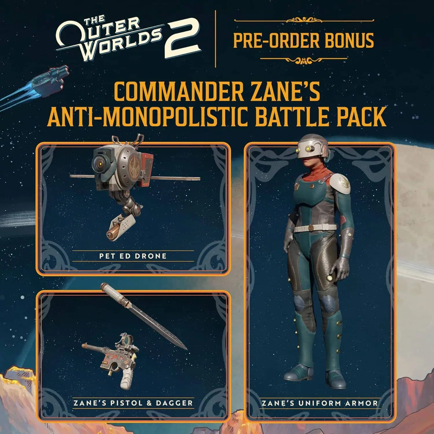 Pre-order bonus for The Outer Worlds 2 featuring Commander Zane's battle pack.