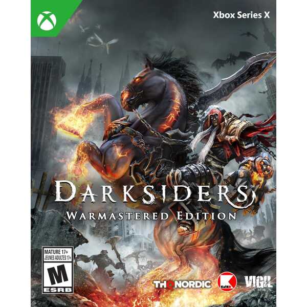 Darkstiders Warmastered Edition game cover with horse and warrior scene.