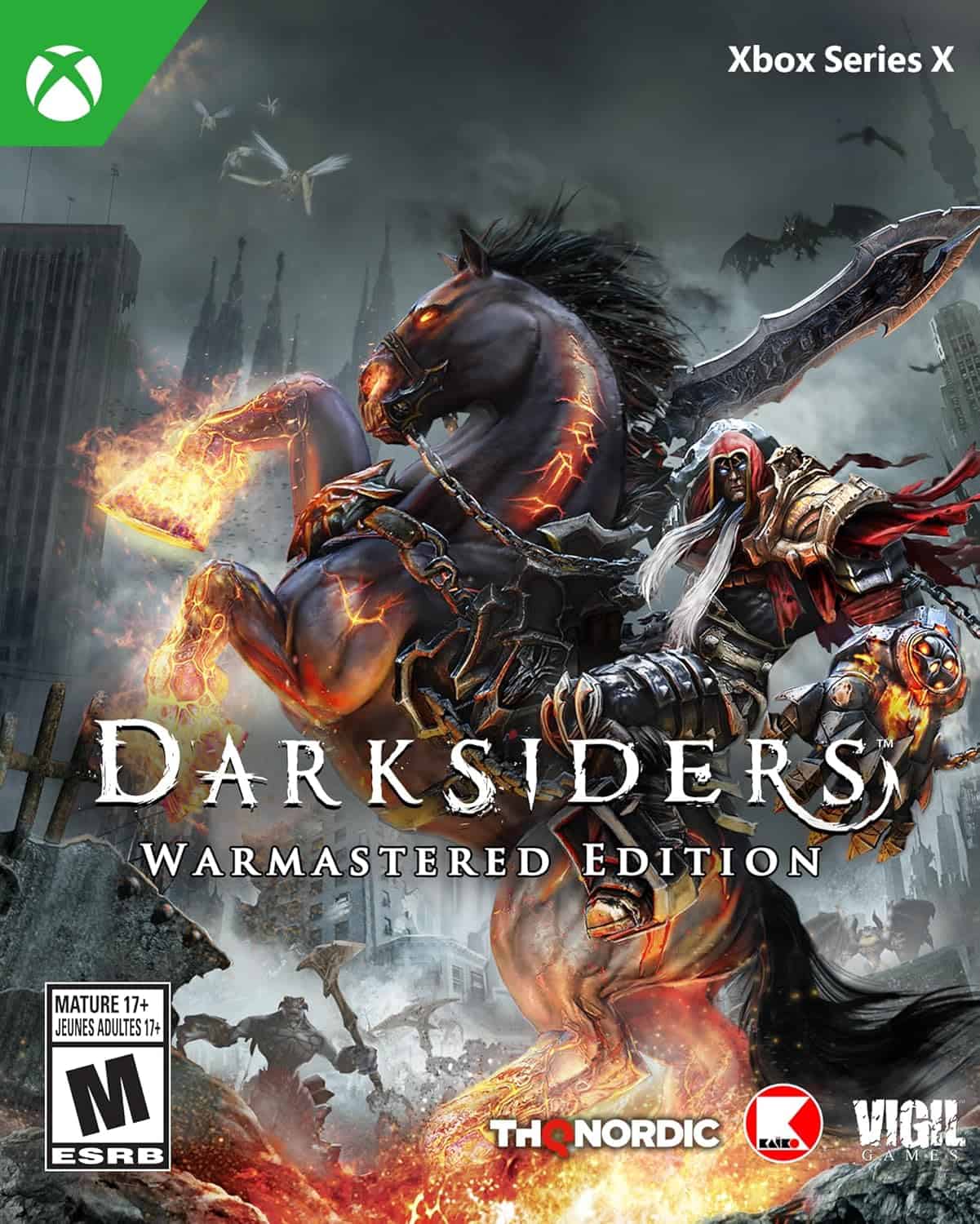 Darkstiders Warmastered Edition game cover with horse and warrior scene.