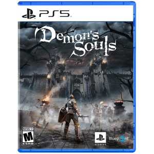 Epic fantasy battle scene from Demon's Souls game on PS5, showcasing dark castle and armored warrior.