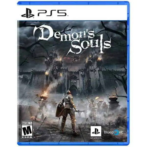 Epic fantasy battle scene from Demon's Souls game on PS5, showcasing dark castle and armored warrior.