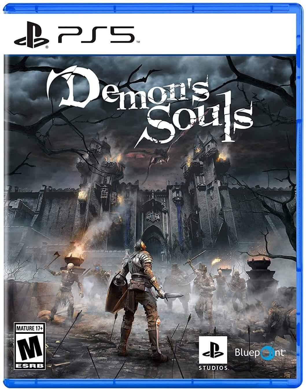 Epic fantasy battle scene from Demon's Souls game on PS5, showcasing dark castle and armored warrior.