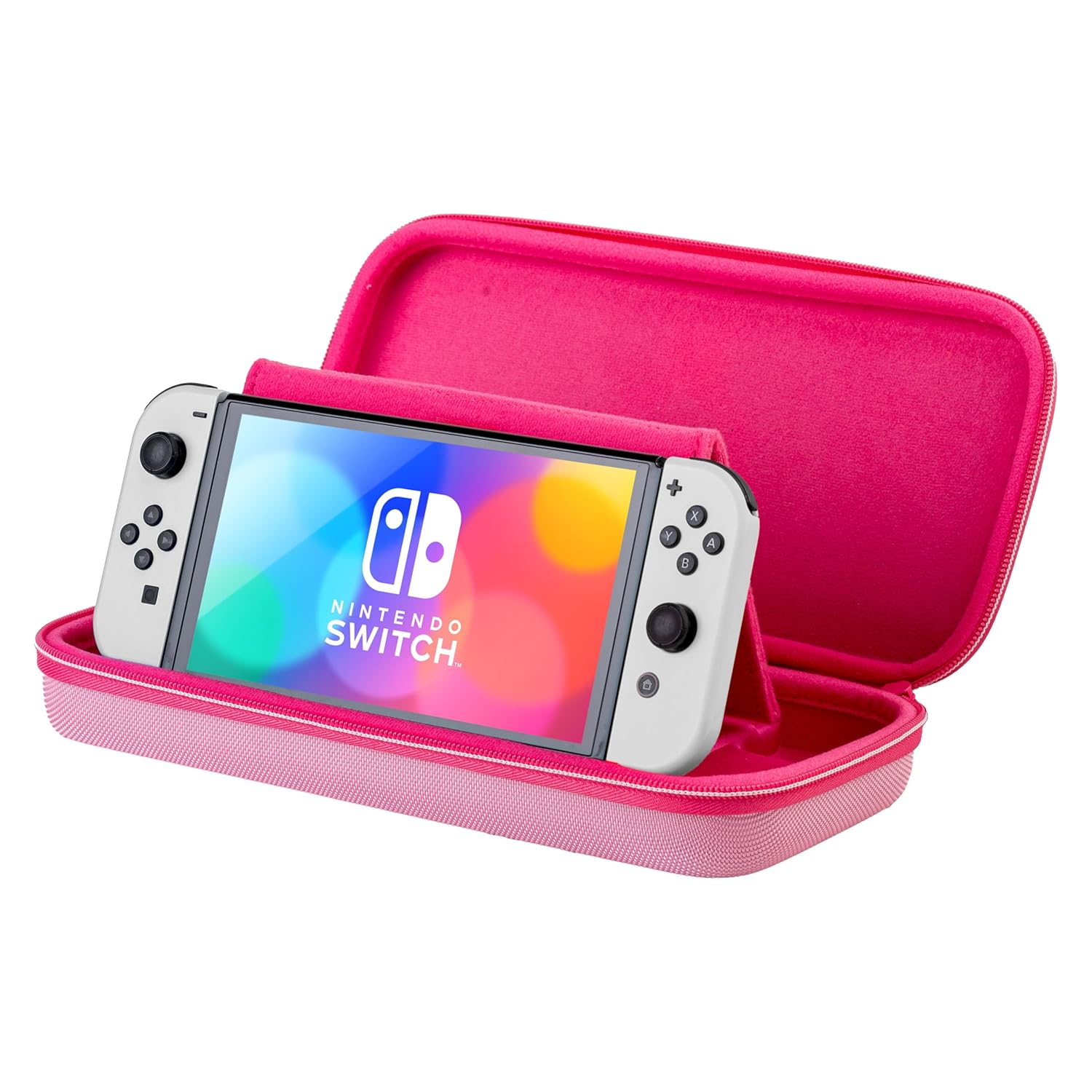 Nintendo Switch gaming console in pink case, portable and ready for gaming on the go.