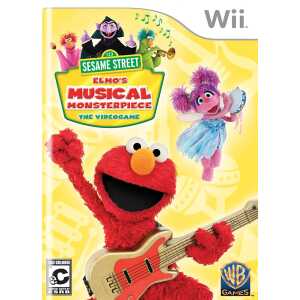 Elmo playing guitar with Sesame Street characters in the background.