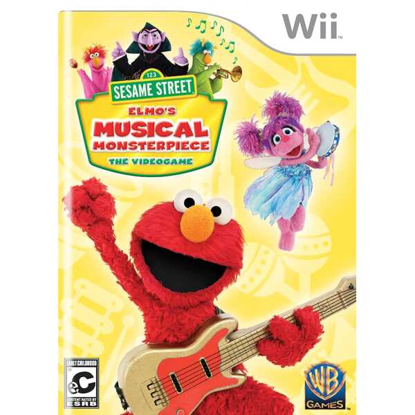 Elmo playing guitar with Sesame Street characters in the background.