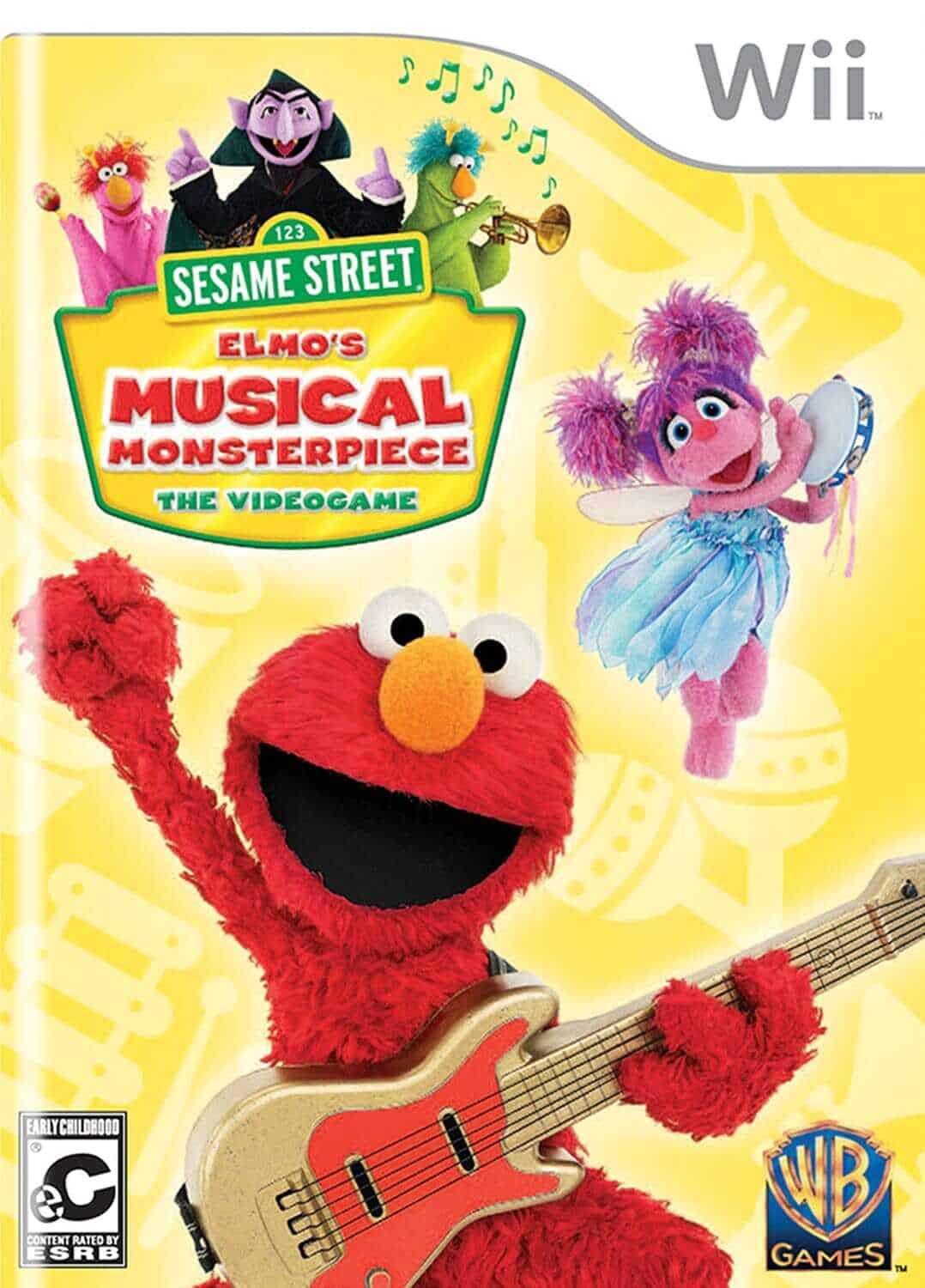 Elmo playing guitar with Sesame Street characters in the background.