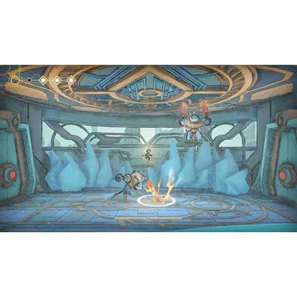 Futuristic sci-fi scene from Memories In Orbit game by Gameware, featuring robotic characters in a h.