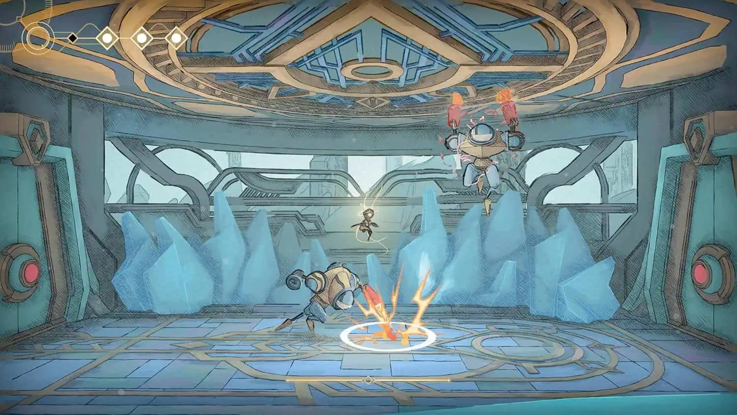 Futuristic sci-fi scene from Memories In Orbit game by Gameware, featuring robotic characters in a h.